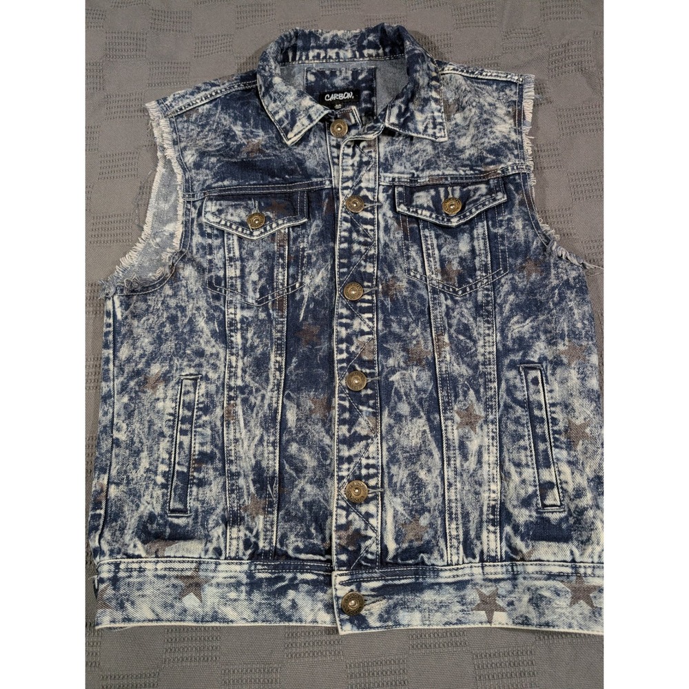 Carbon Mens Acid Wash Denim Vest Blue Brown Star Print Frayed Sleeveless Medium